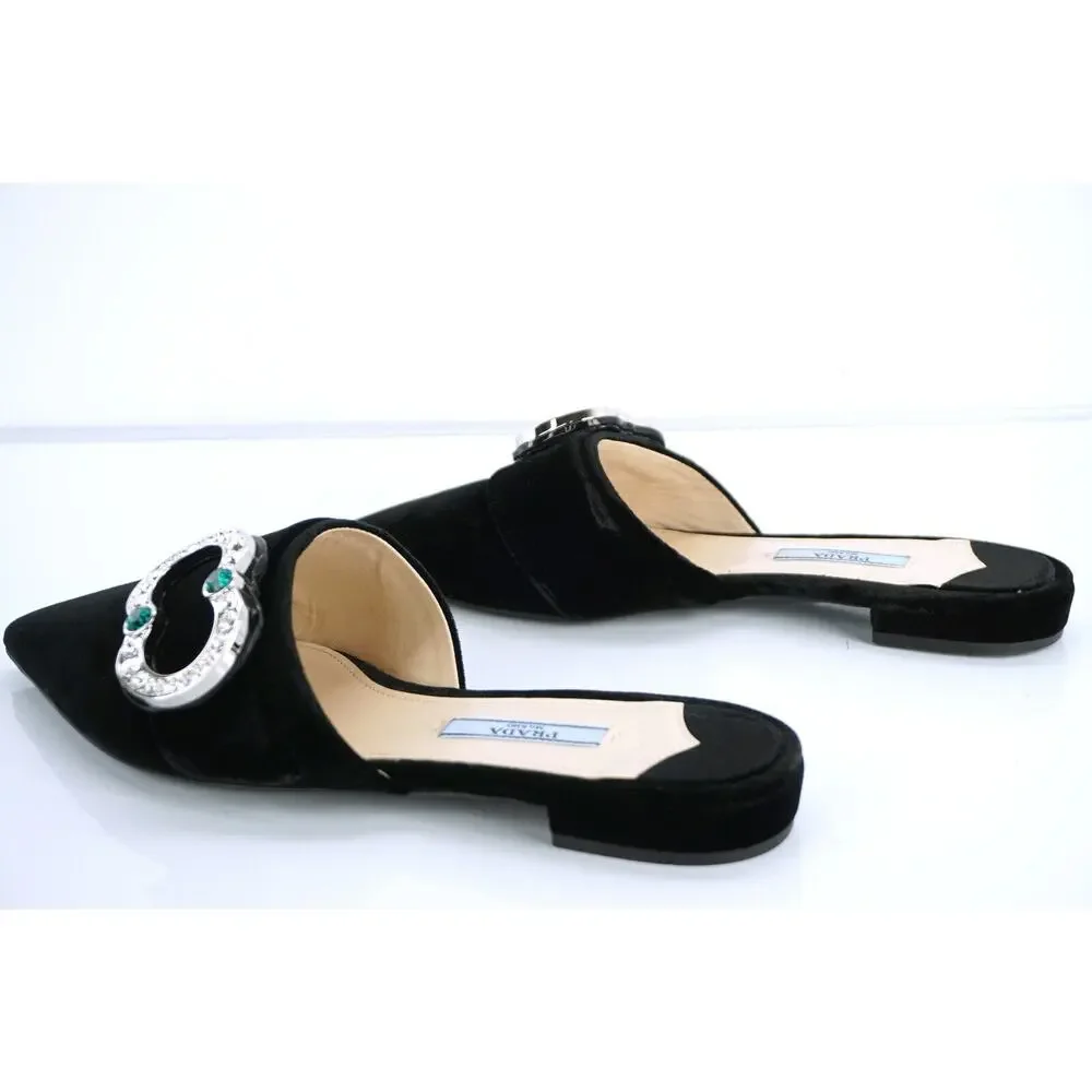 Prada Velvet Crystal Broach Pointy Mule Flat jewel broach